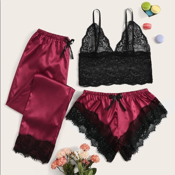 Other - New Red Satin Silk-Like Lace Pajama Set